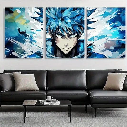 3pcs Anime Character Blue Haired Hero Perfect Wall Art Set Canvas Framed 50x70cm - High Quality Print 100% Australian Made Wall Canvas Ready to Hang