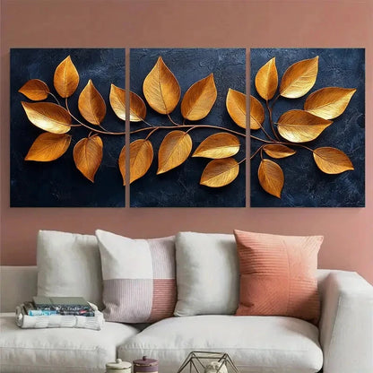 3pcs Tropical Plant Life Exotic Golden Leaves Metal Print Ready to Hang Art