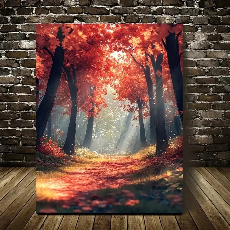 Beautiful Lush Maple Tree Forest Scene Vibrant Red 40x60cm Metal Print Ready to Hang