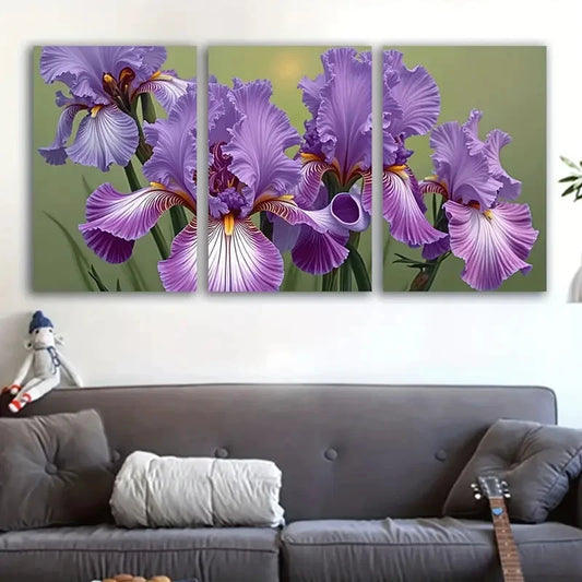 3pcs Purple Iris Floral Botanical Art Scene Wall Art Set Canvas Framed 50x70cm - High Quality Print 100% Australian Made Wall Canvas Ready to Hang