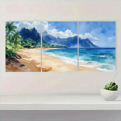 3pcs Hawaii Kauai Na Pali Watercolor Beach Metal Print Ready to Hang Art