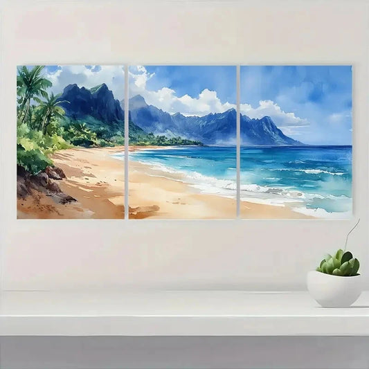 3pcs Hawaii Kauai Na Pali Watercolor Beach Metal Print Ready to Hang Art