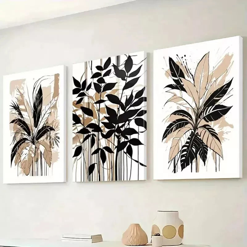 3pcs Minimalist Leaf Prints, Brown & Black Wall Art Set Canvas Framed 50x70cm - High Quality Print 100% Australian Made Wall Canvas Ready to Hang