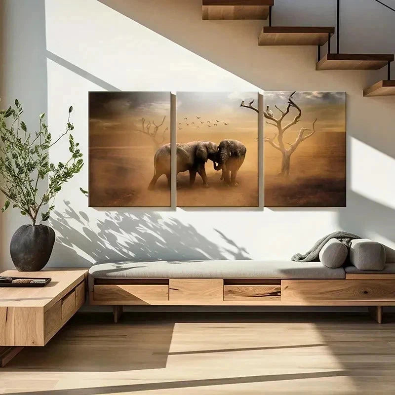 3pcs Elephants & Dead Trees Landscape Wall Art Set Canvas Framed 40x60cm - High Quality Print 100% Australian Made Wall Canvas Ready to Hang