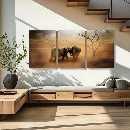 3pcs Elephants & Dead Trees Landscape Wall Art Set Canvas Framed 40x60cm - High Quality Print 100% Australian Made Wall Canvas Ready to Hang