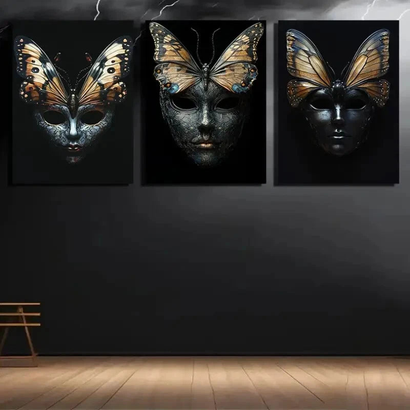 3pcs Butterfly Mask Painting Dark Metal Print Ready to Hang Art