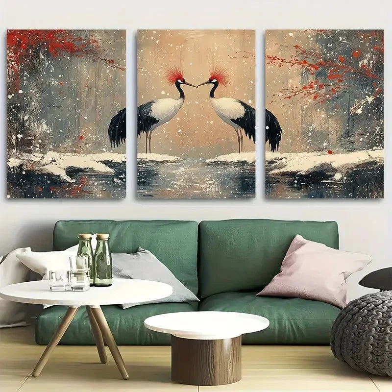 3pcs Red-Crowned Cranes in Snowy Forest Metal Print Ready to Hang Art