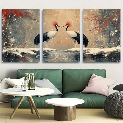 3pcs Red-Crowned Cranes in Snowy Forest Metal Print Ready to Hang Art