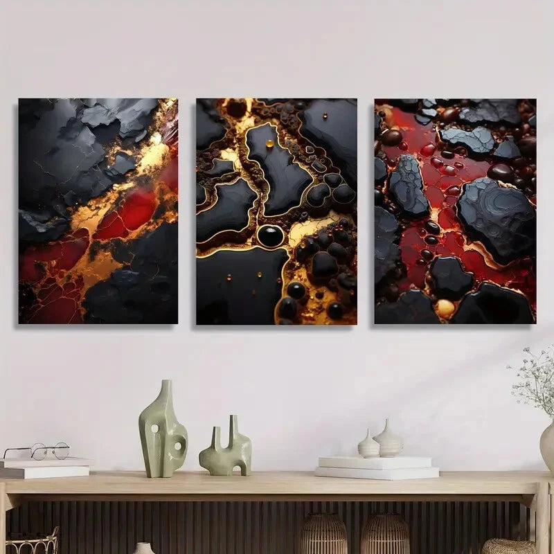 3pcs Golden red black texture art, Metal Print Ready to Hang Art