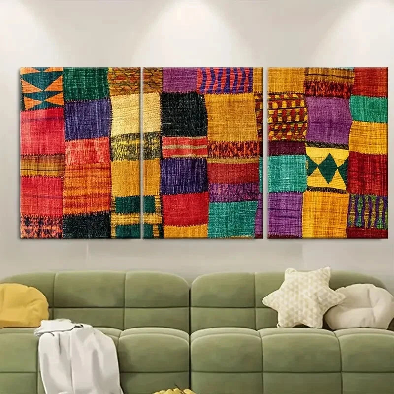3pcs Ethiopian Handwoven Textile Rustic African Metal Print Ready to Hang Art