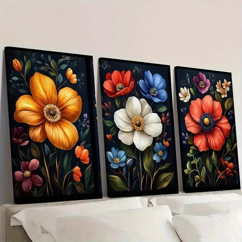 3pcs Art Set Dark Wildflower Floral  IO Wall Art Set Canvas Framed 50x70cm - High Quality Print 100% Australian Made Wall Canvas Ready to Hang