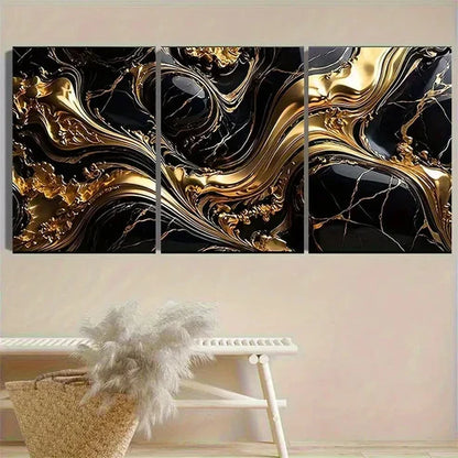 3pcs Golden and Black Marble Texture Wall Art Set Canvas Unframed - High Quality Print 100% Australian Made Wall Canvas
