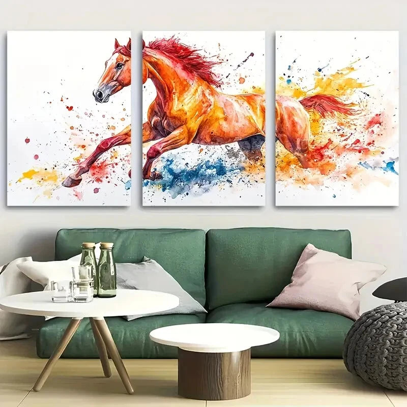 3pcs Vibrant Watercolor Horse Portrait Metal Print Ready to Hang Art