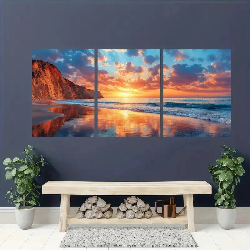 3pcs Scenic Beach Waves & Cliffs Reflections Metal Print Ready to Hang Art