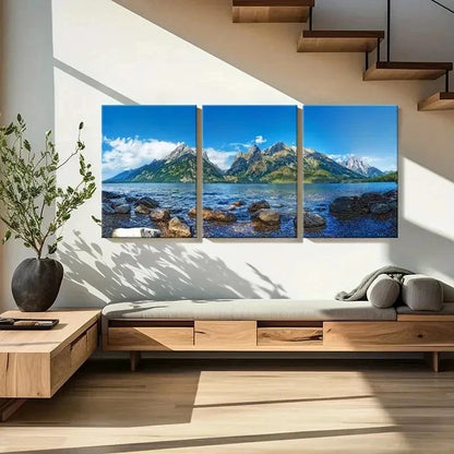 3pcs Green Mountains and Lake Modern Wall Art Set Canvas Framed 40x60cm - High Quality Print 100% Australian Made Wall Canvas Ready to Hang
