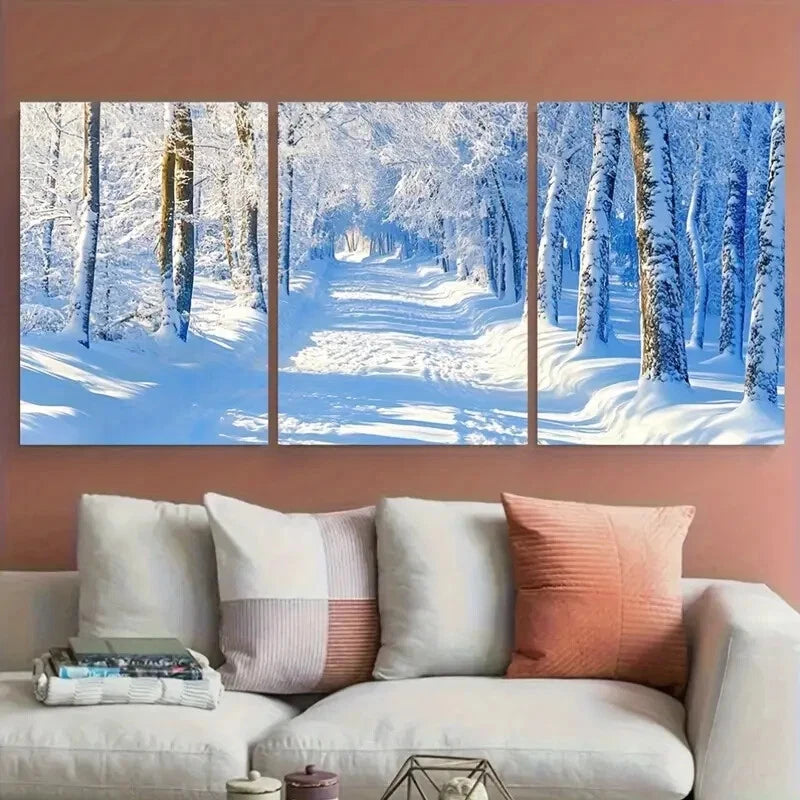3pcs Snowy Winter Forest with Snow-Covered Trees Metal Print Ready to Hang Art