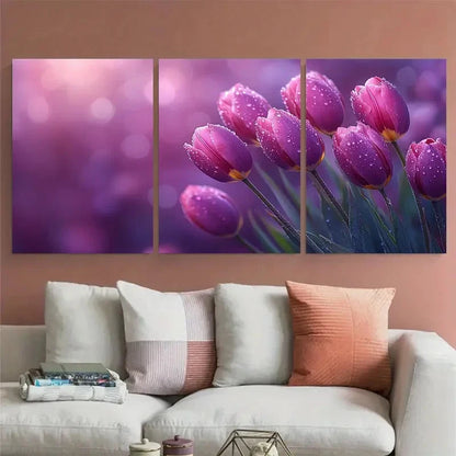 3pcs Tulip Bouquet Violet Toned Illustration Metal Print Ready to Hang Art