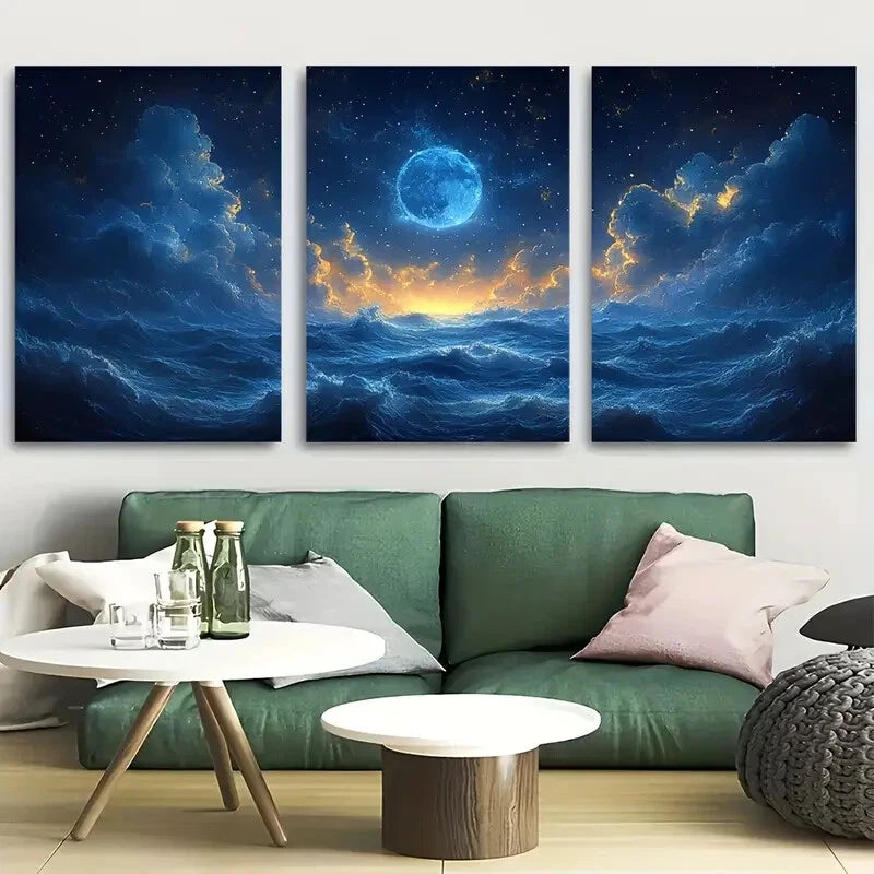 3pcs Full Moon & Stars Amidst Swirling Clouds Metal Print Ready to Hang Art