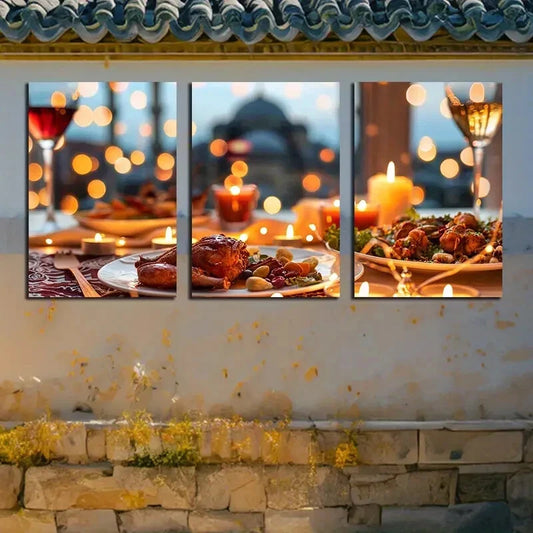 3pcs Food Under Candlelight Illustration Metal Print Ready to Hang Art