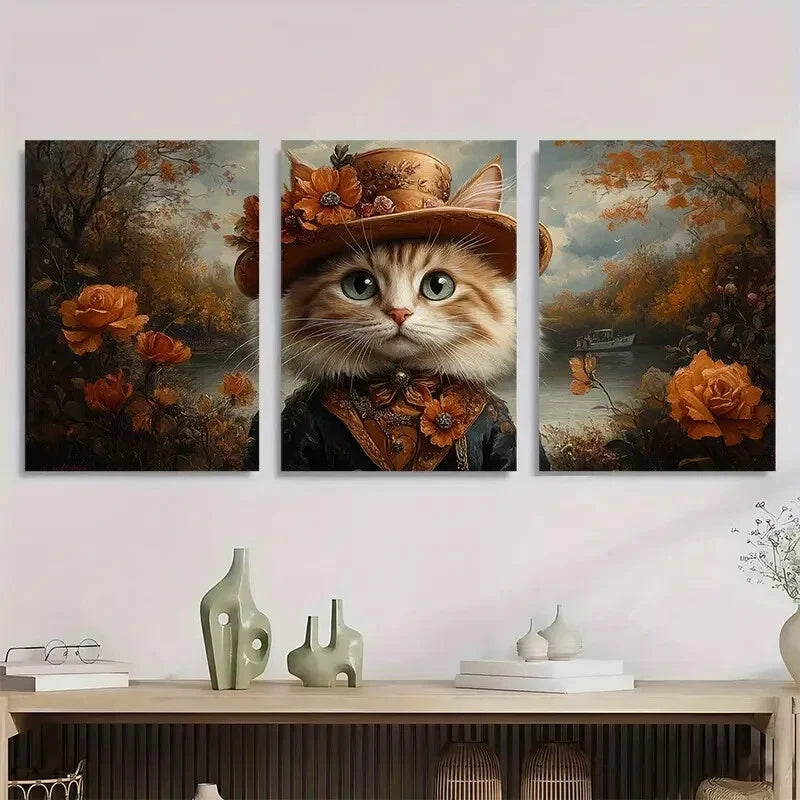 3pcs Whimsical Cat Golden Hat & Roses Metal Print Ready to Hang Art