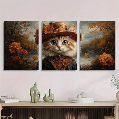3pcs Whimsical Cat Golden Hat & Roses Metal Print Ready to Hang Art