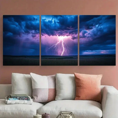 3pcs Thunderstorm with Dramatic Lightning Storm Metal Print Ready to Hang Art