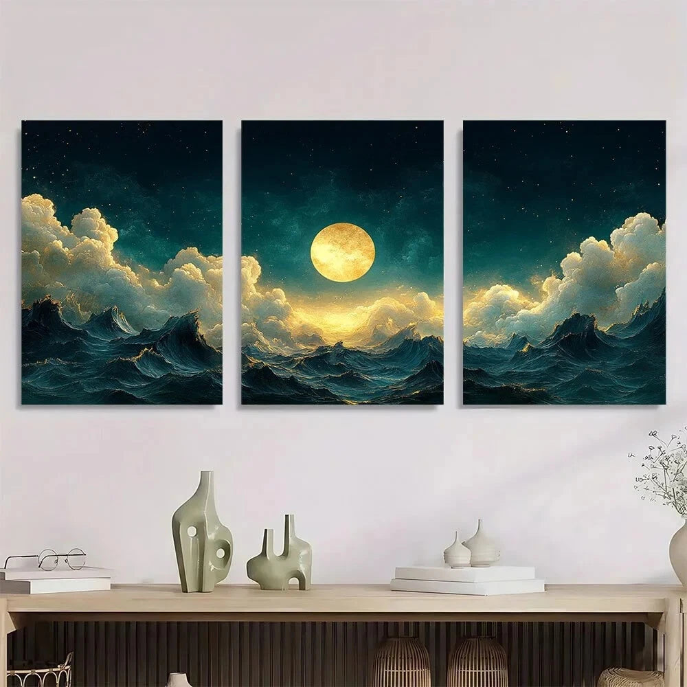 3pcs Vintage Emerald Green Sky Abstract Metal Print Ready to Hang Art