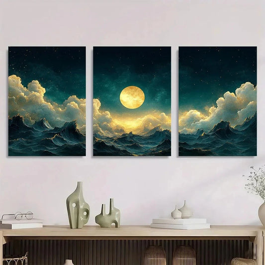 3pcs Vintage Emerald Green Sky Abstract Metal Print Ready to Hang Art