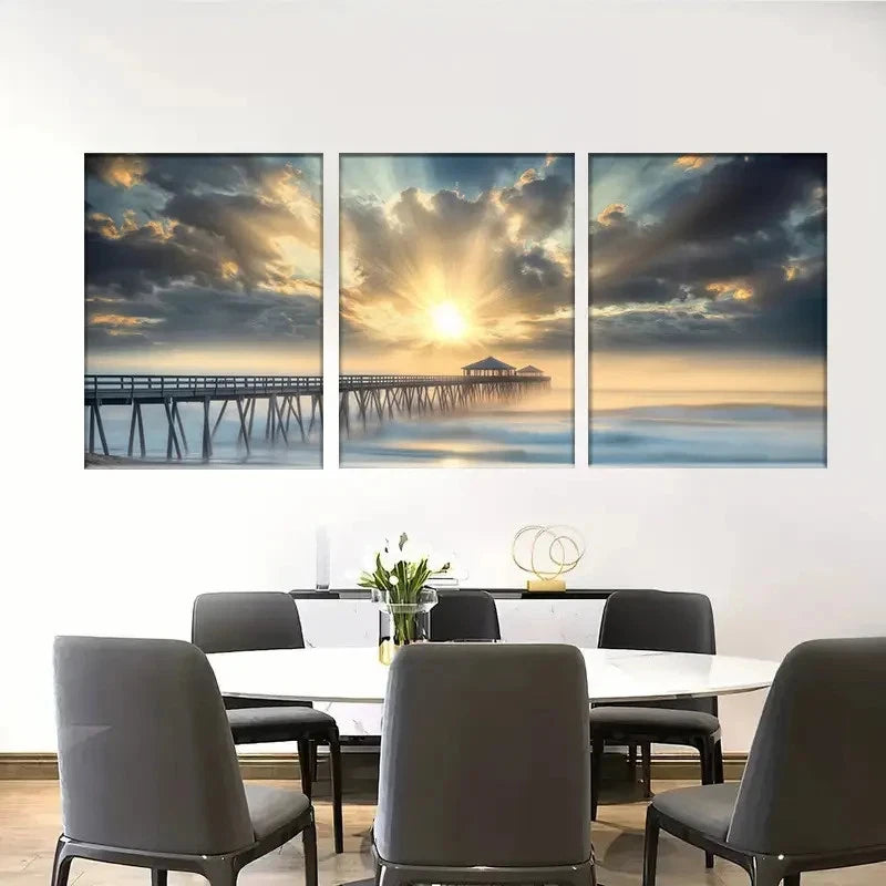 3pcs Serene Coastal Sunrise Wall Art Metal Print Ready to Hang Art