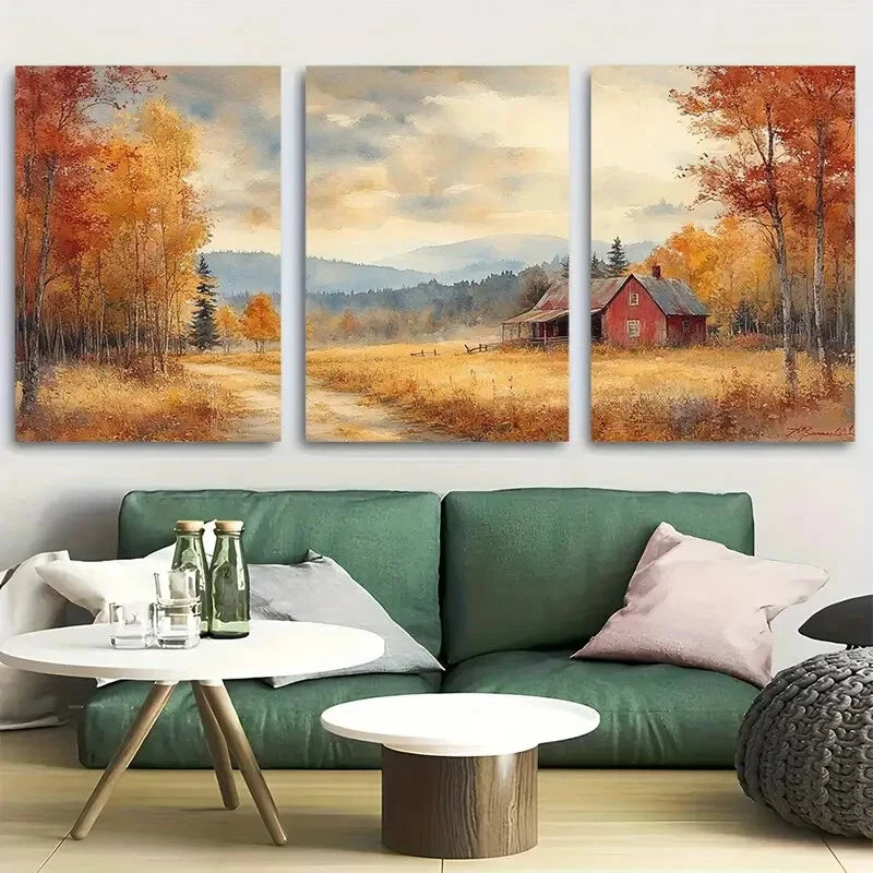 3pcs Vintage Fall Landscape with Old House Metal Print Ready to Hang Art