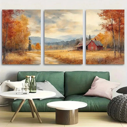 3pcs Vintage Fall Landscape with Old House Metal Print Ready to Hang Art
