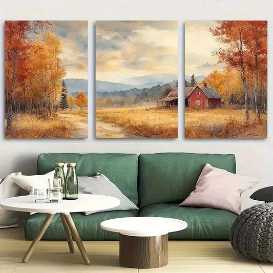 3pcs Vintage Fall Landscape with Old House Metal Print Ready to Hang Art