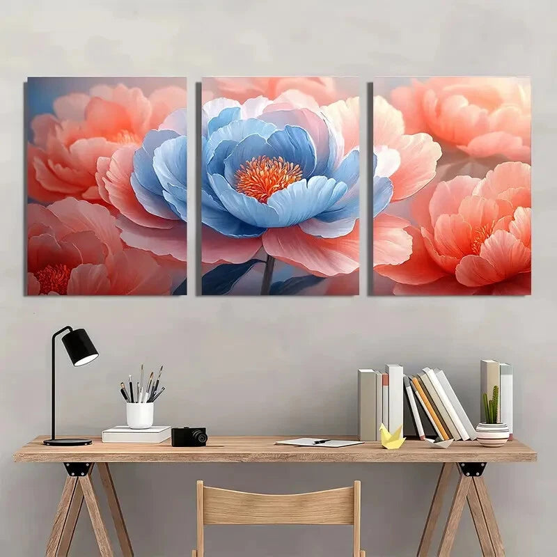 3pcs Pink and Blue Peony Petals Flower Art Metal Print Ready to Hang Art