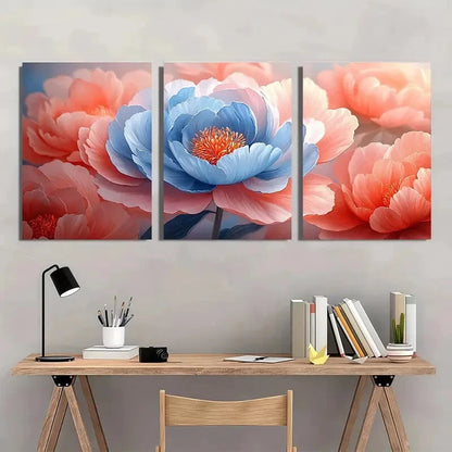 3pcs Pink and Blue Peony Petals Flower Art Metal Print Ready to Hang Art