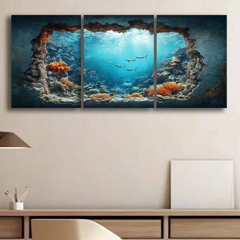 3pcs Underwater Ocean Sharks Coral Reefs Metal Print Ready to Hang Art