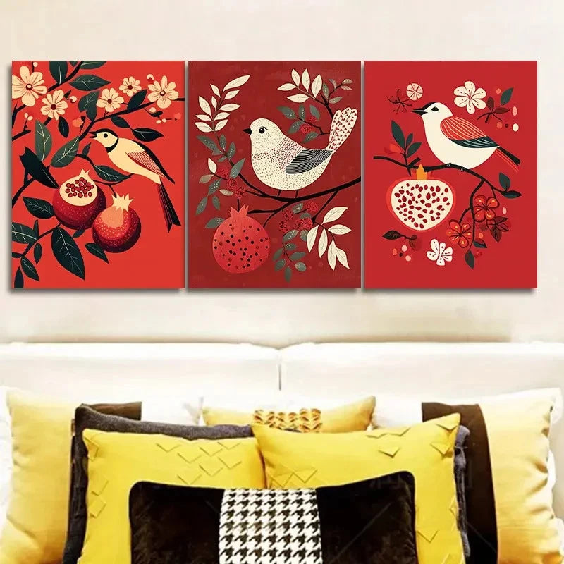 3pcs Pomegranates and Birds Theme Art Deco Wall Art Set Canvas Framed 50x70cm - High Quality Print 100% Australian Made Wall Canvas Ready to Hang
