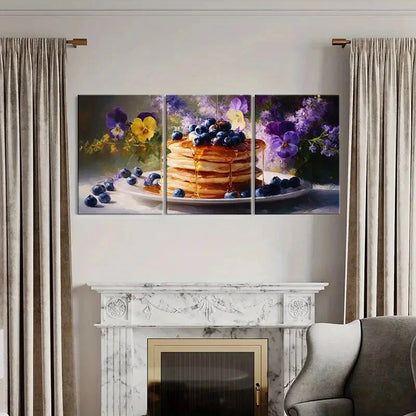3pcs Blueberry Pancakes Floral Background Metal Print Ready to Hang Art