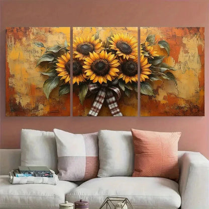 3pcs Floral Sunflower Bouquet Plaid Ribbon Metal Print Ready to Hang Art