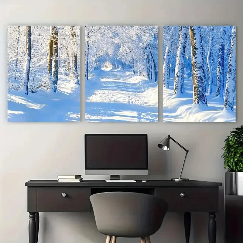 3pcs Snowy Winter Forest with Snow-Covered Trees Metal Print Ready to Hang Art