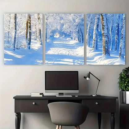 3pcs Snowy Winter Forest with Snow-Covered Trees Metal Print Ready to Hang Art