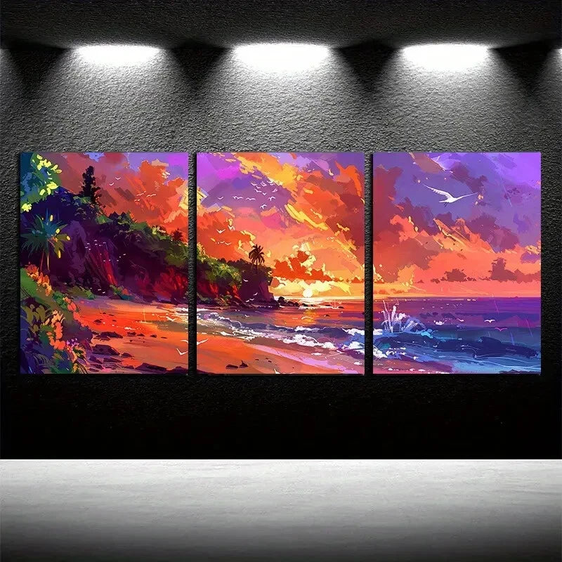 3pcs Vibrant Beach Sunset Scenery Metal Print Ready to Hang Art