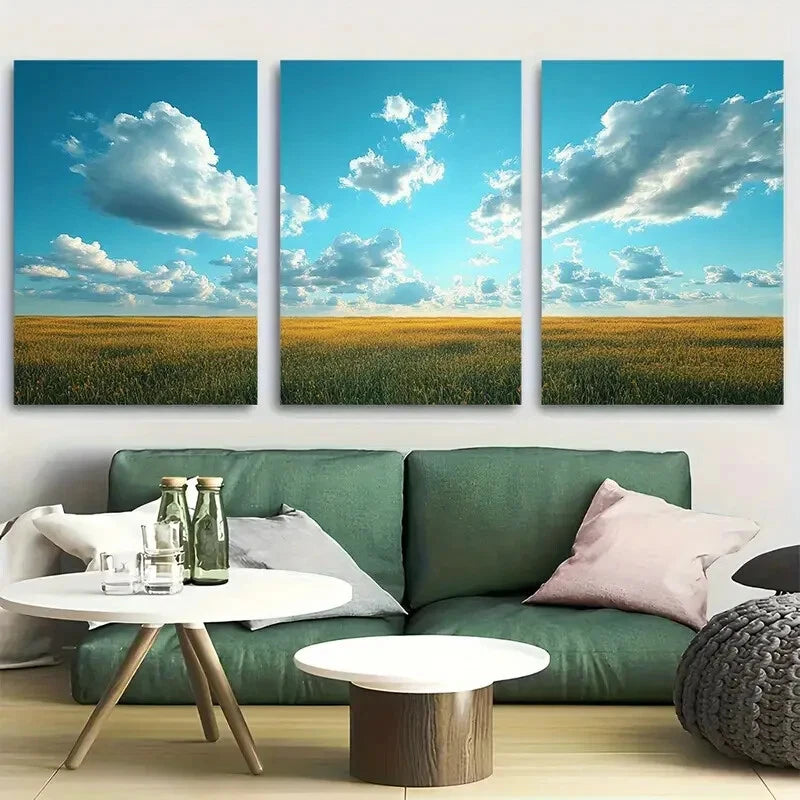 3pcs Serene Grassfield Cloudy Blue Sky Design Metal Print Ready to Hang Art