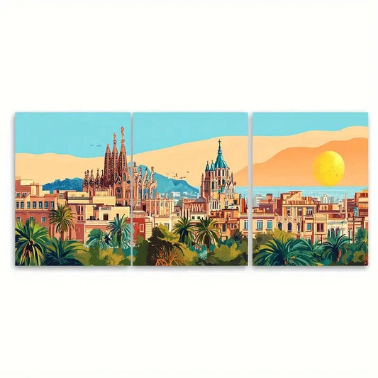 3pcs Vibrant Barcelona Architecture Cityscape Metal Print Ready to Hang Art