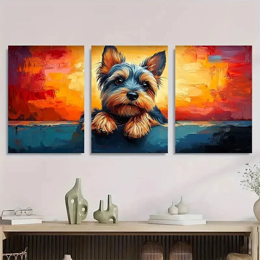 3pcs Vibrant Yorkshire Terrier Dog Painting Metal Print Ready to Hang Art