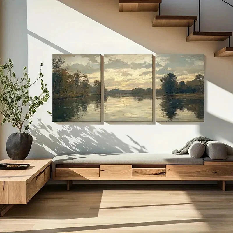 3pcs Landscape Painting Serene River Scenery Metal Print Ready to Hang Art