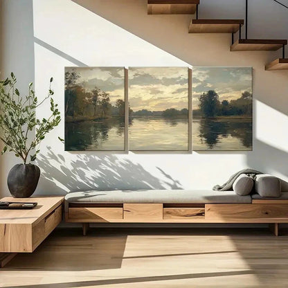 3pcs Landscape Painting Serene River Scenery Metal Print Ready to Hang Art