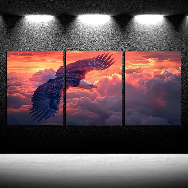 3pcs Eagles Soar in Amber Cumulus Clouds Metal Print Ready to Hang Art