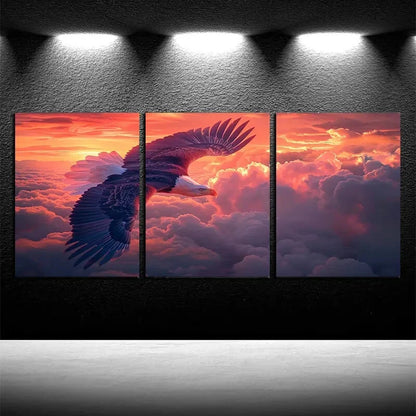 3pcs Eagles Soar in Amber Cumulus Clouds Metal Print Ready to Hang Art