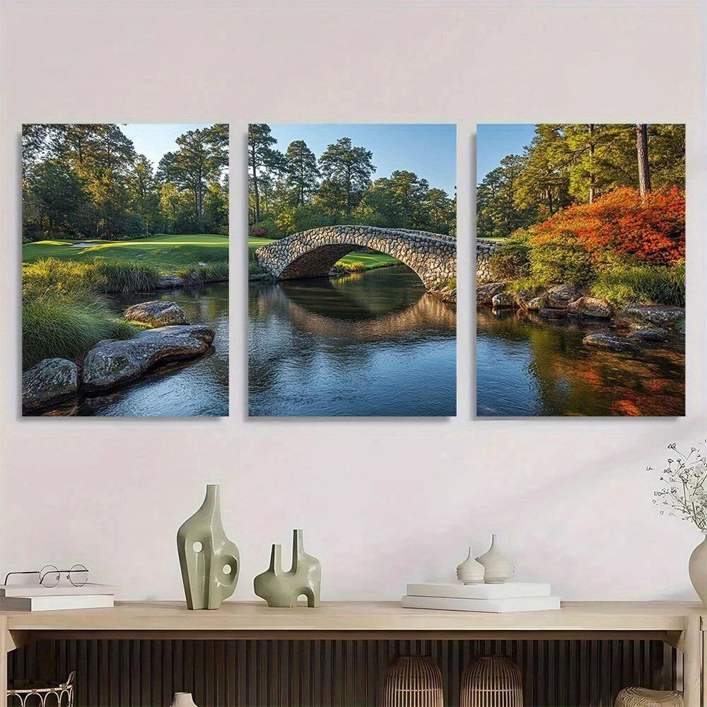 3pcs Vibrant Green Iconic Bridge & River Metal Print Ready to Hang Art