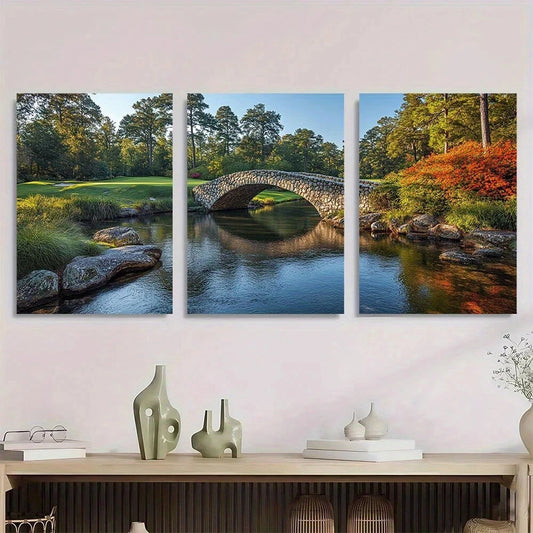 3pcs Vibrant Green Iconic Bridge & River Metal Print Ready to Hang Art